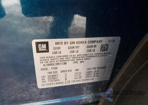 2021 Chevrolet Trailblazer Lt z USA, uszkodzony, nr VIN KL79MRSL1MB117388